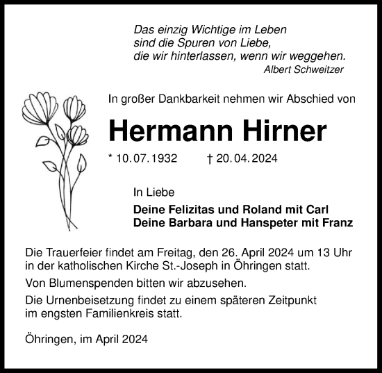 Traueranzeige von Hermann Hirner von GESAMT