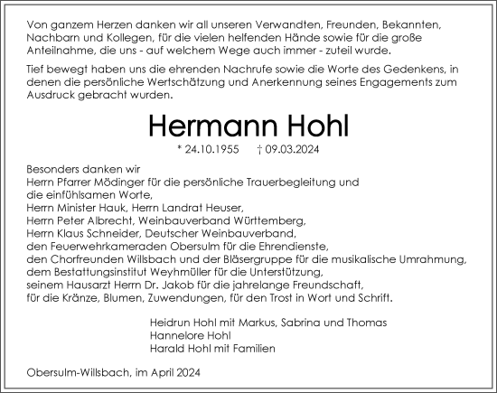 Traueranzeige von Hermann Hohl von GESAMT