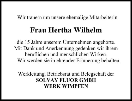 Traueranzeige von Hertha Wilhelm von GESAMT
