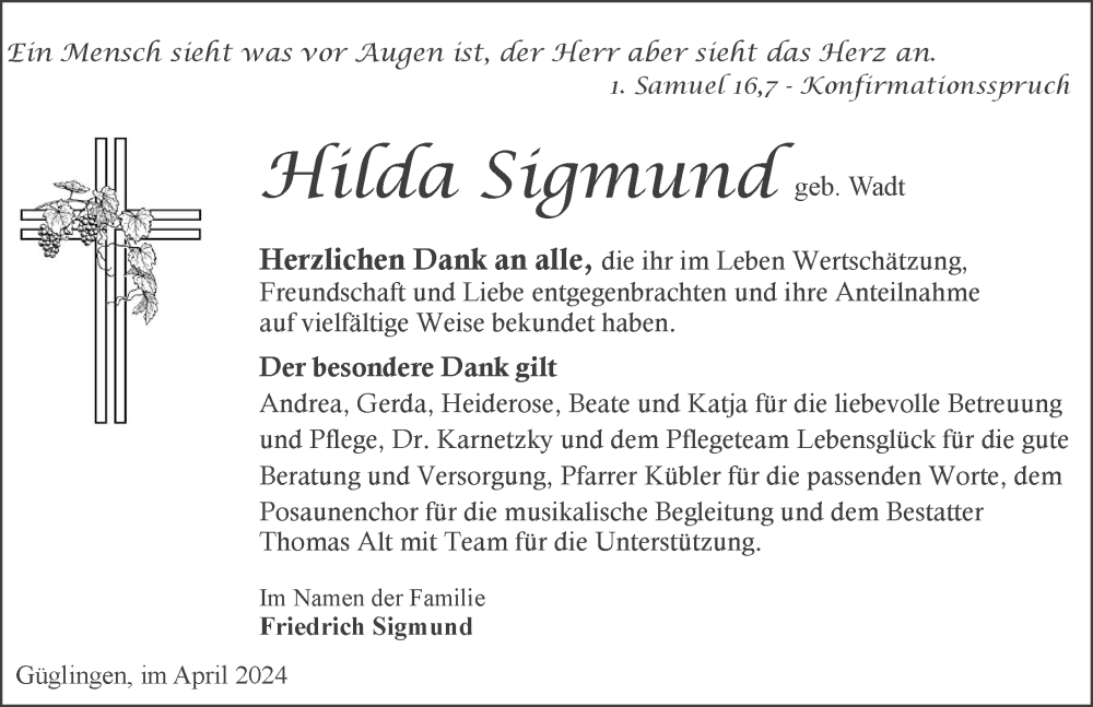  Traueranzeige für Hilda Sigmund vom 05.04.2024 aus GESAMT