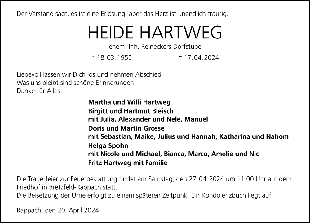  Traueranzeige für Heide Hartweg vom 20.04.2024 aus GESAMT