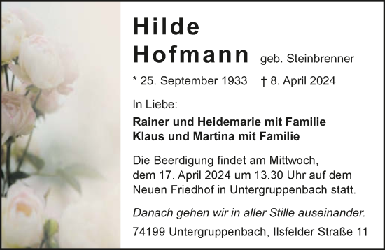 Traueranzeige von Hilde Hofmann