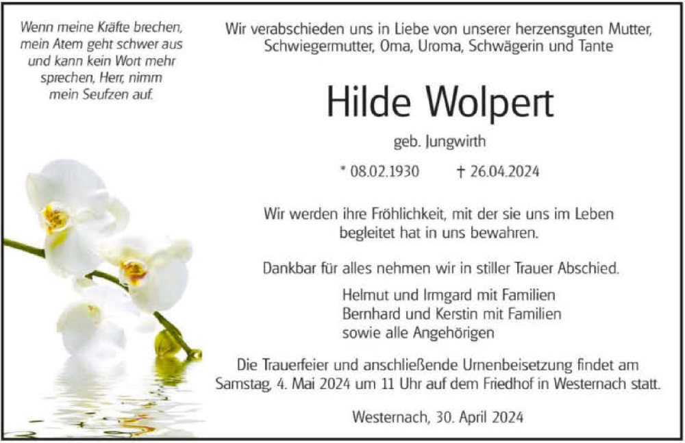  Traueranzeige für Hilde Wolpert vom 30.04.2024 aus GESAMT