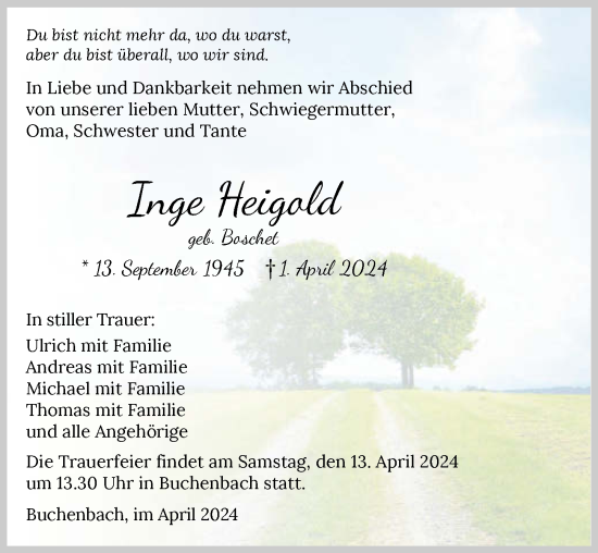 Traueranzeige von Inge Heigold von GESAMT