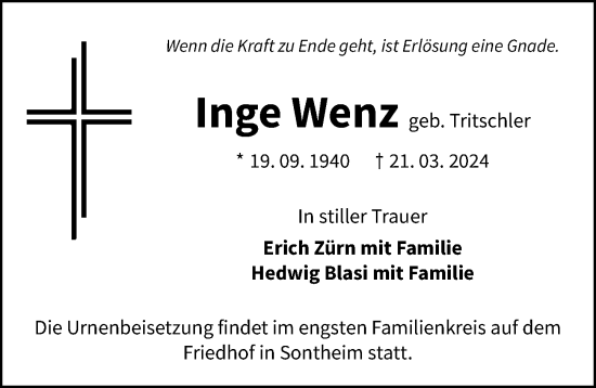 Traueranzeige von Inge Wenz von GESAMT