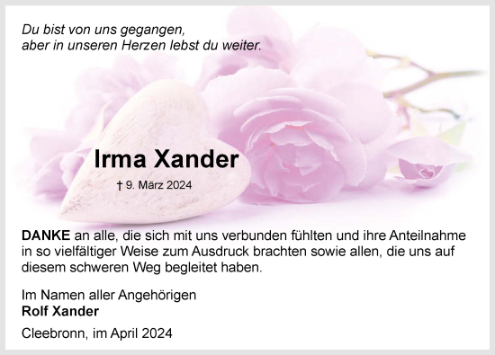 Traueranzeige von Irma Xander von GESAMT