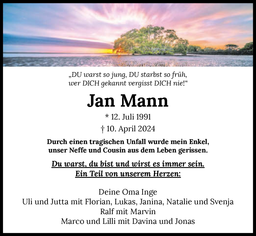  Traueranzeige für Jan Mann vom 20.04.2024 aus GESAMT