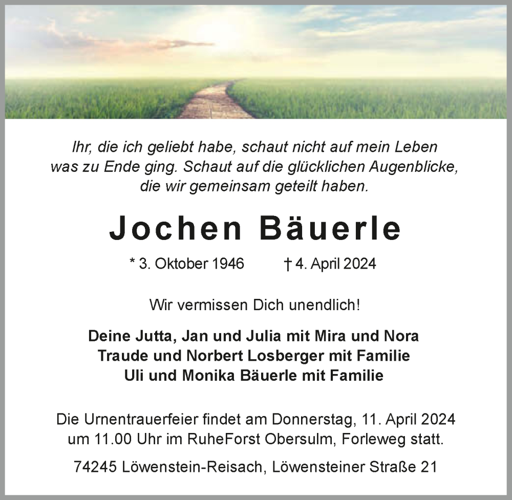  Traueranzeige für Jochen Bäuerle vom 06.04.2024 aus GESAMT