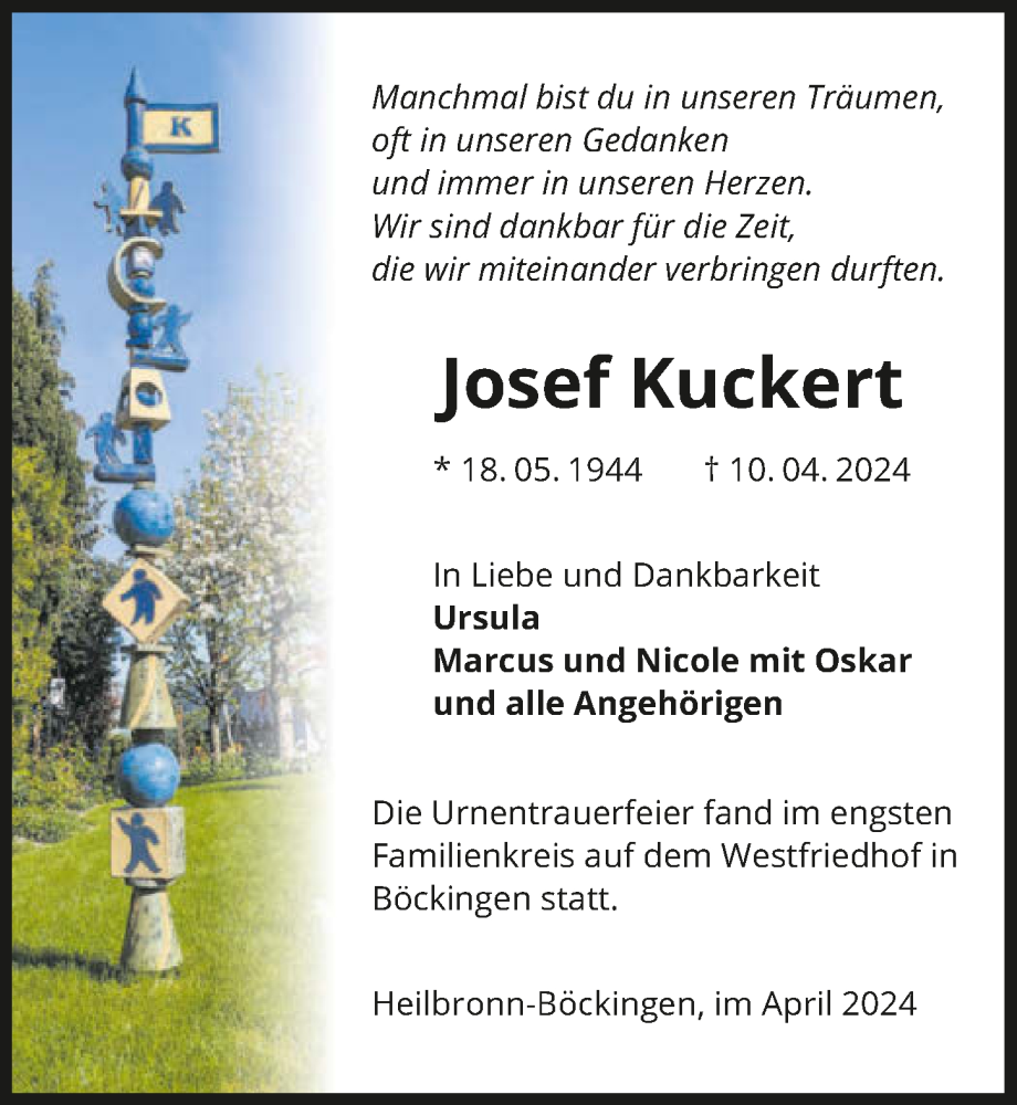  Traueranzeige für Josef Kuckert vom 27.04.2024 aus GESAMT