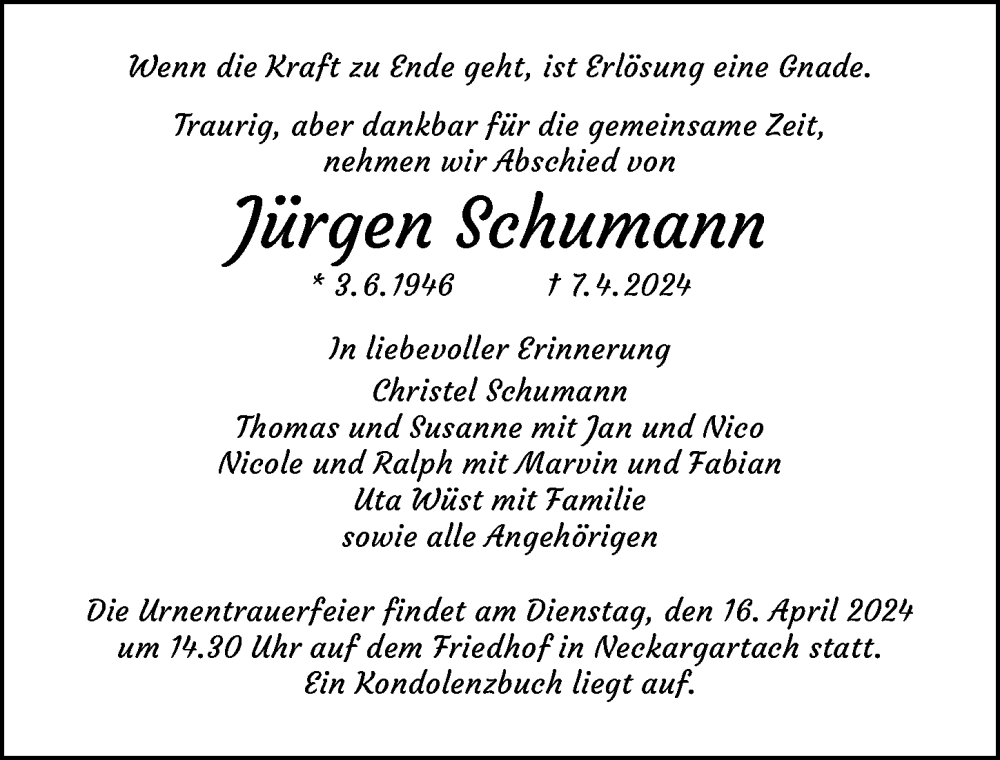  Traueranzeige für Jürgen Schumann vom 13.04.2024 aus GESAMT