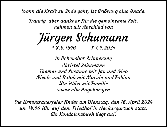 Traueranzeige von Jürgen Schumann von GESAMT