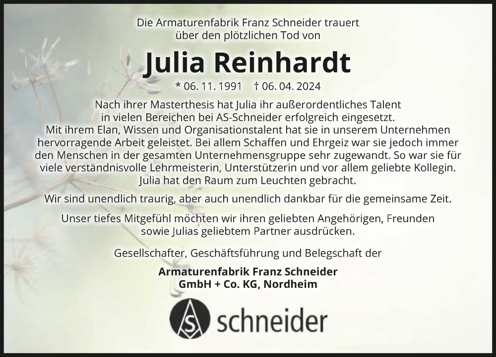  Traueranzeige für Julia Reinhardt vom 20.04.2024 aus GESAMT