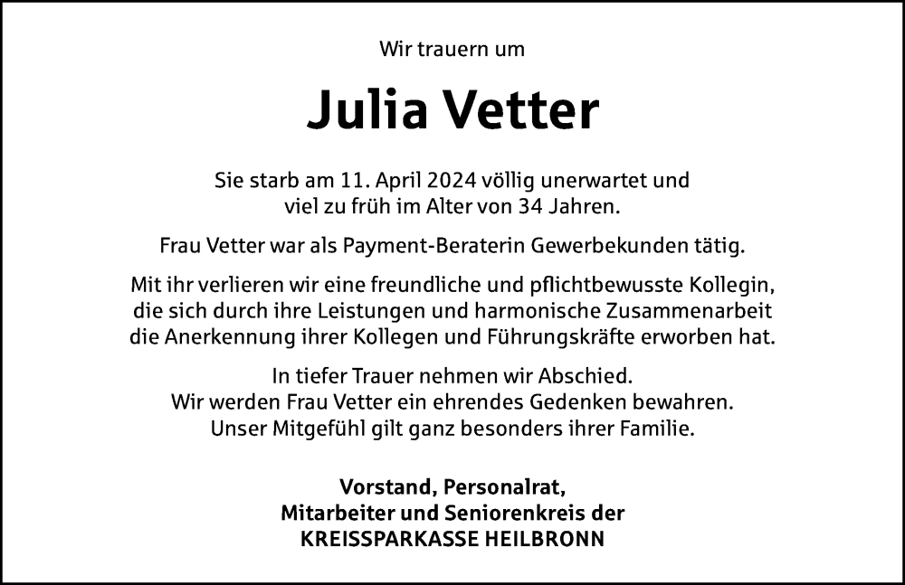  Traueranzeige für Julia Vetter vom 17.04.2024 aus GESAMT