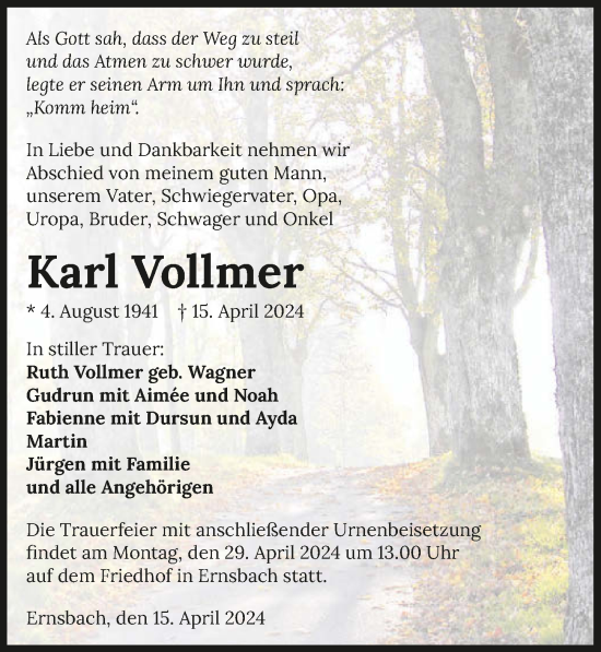 Traueranzeige von Karl Vollmer von GESAMT