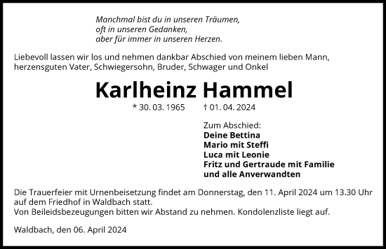 Traueranzeige von Karlheinz Hammel von GESAMT