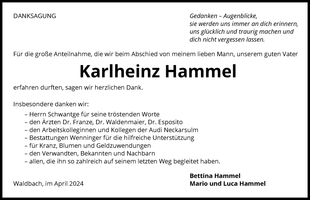  Traueranzeige für Karlheinz Hammel vom 27.04.2024 aus GESAMT