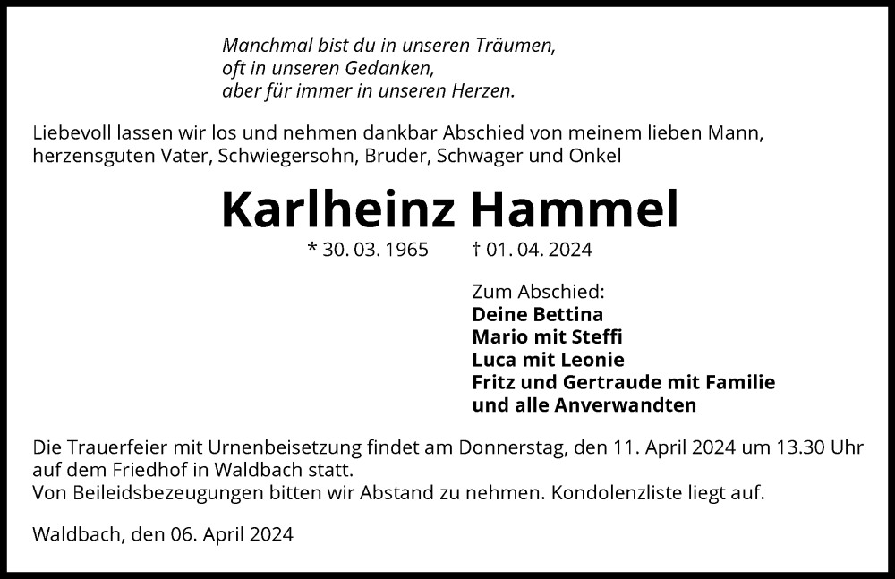 Traueranzeige für Karlheinz Hammel vom 06.04.2024 aus GESAMT
