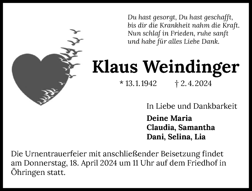  Traueranzeige für Klaus Weindinger vom 13.04.2024 aus GESAMT