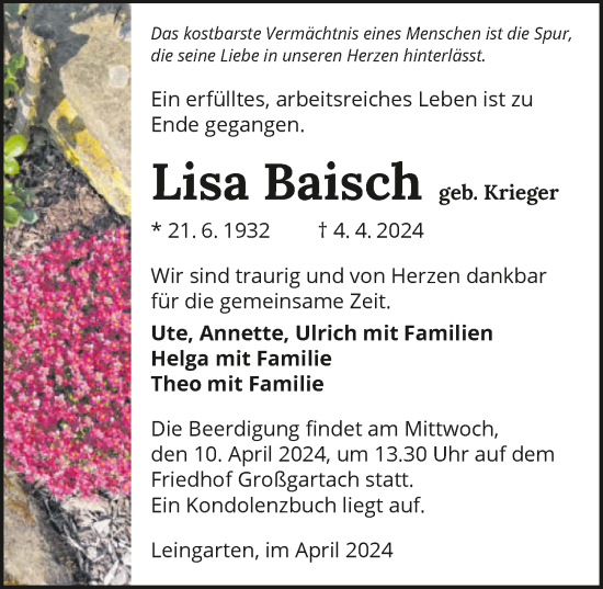 Traueranzeige von Lisa Baisch von GESAMT