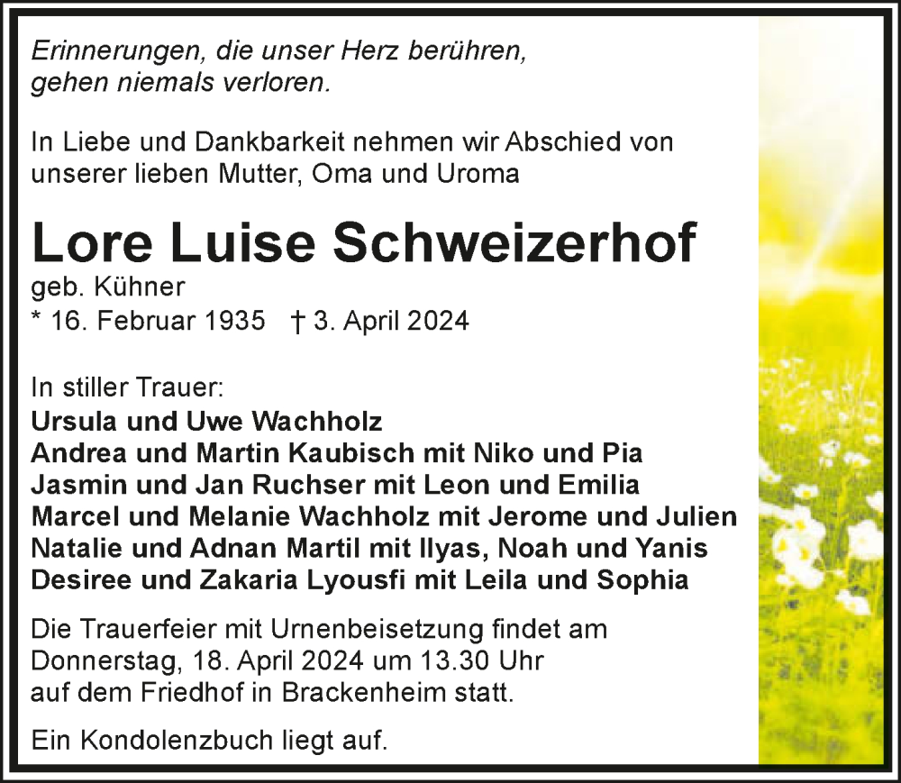  Traueranzeige für Lore Luise Schweizerhof vom 13.04.2024 aus GESAMT