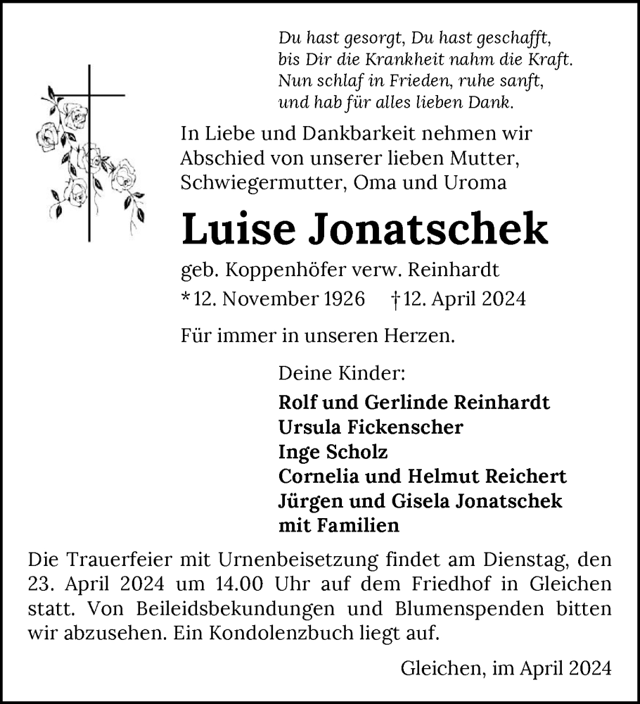  Traueranzeige für Luise Jonatschek vom 20.04.2024 aus GESAMT