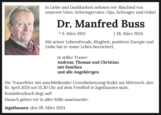 Traueranzeige von Manfred Buss von GESAMT