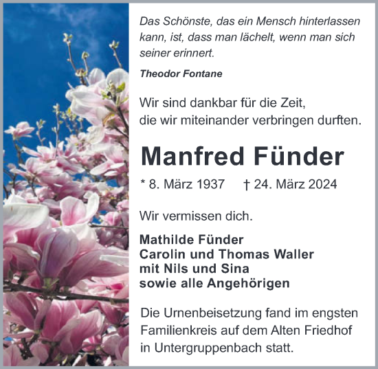 Traueranzeige von Manfred Fünder von GESAMT
