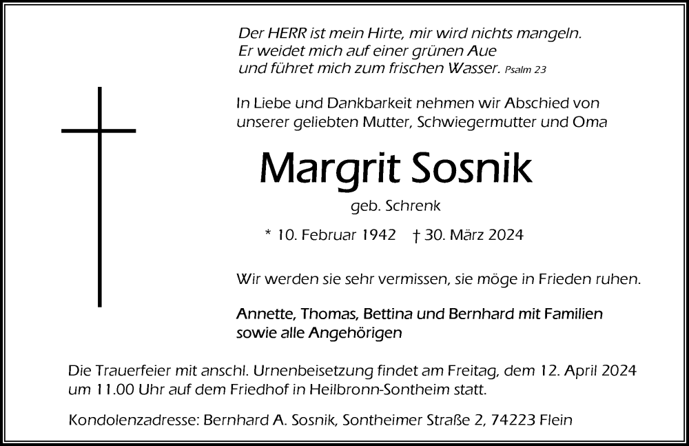  Traueranzeige für Margrit Sosnik vom 06.04.2024 aus GESAMT