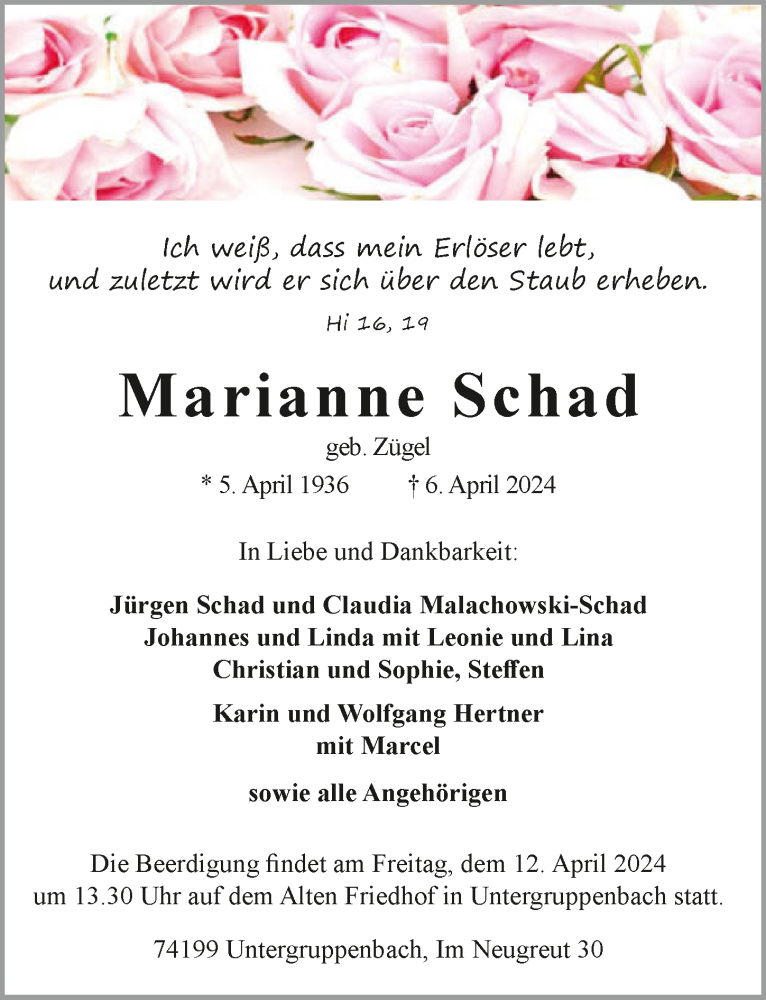  Traueranzeige für Marianne Schad vom 10.04.2024 aus GESAMT
