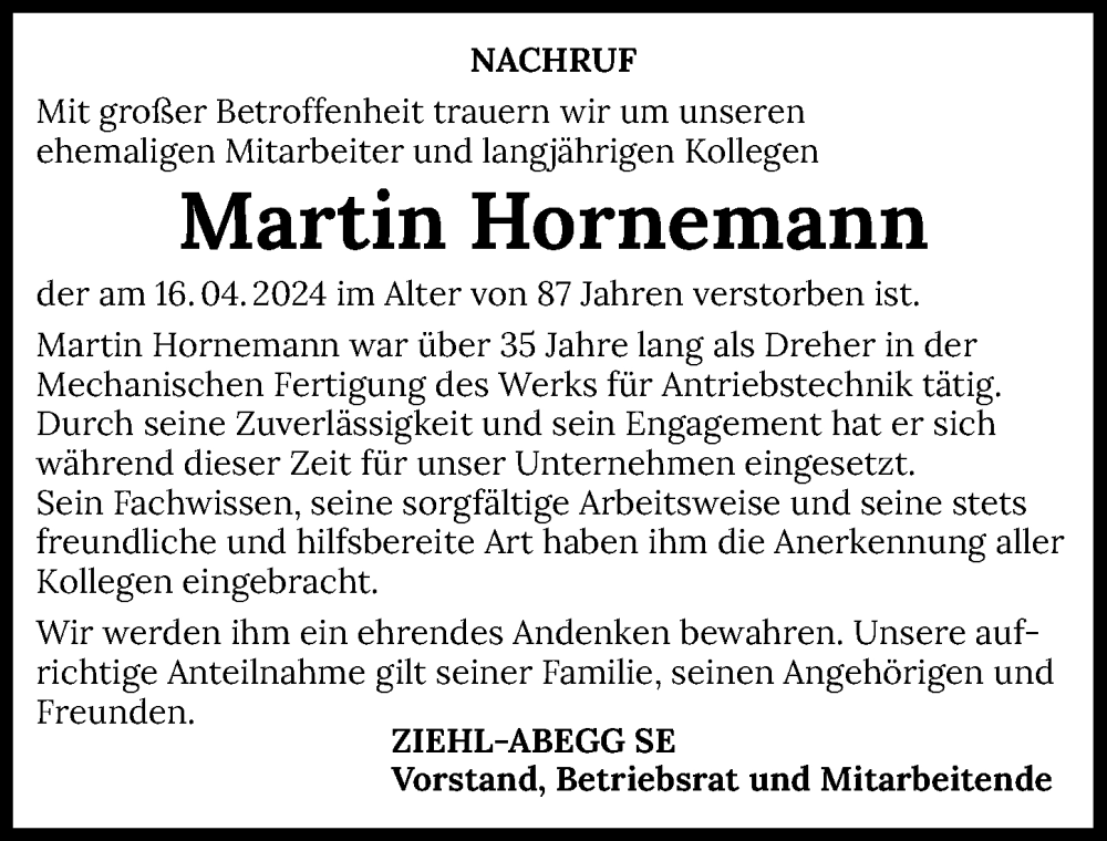  Traueranzeige für Martin Hornemann vom 29.04.2024 aus GESAMT