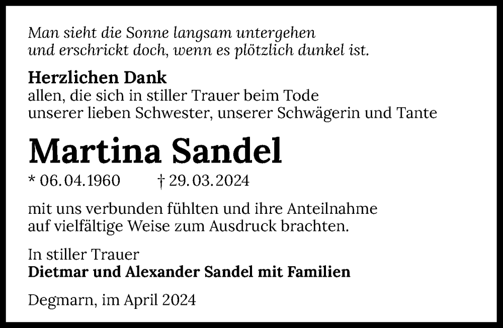  Traueranzeige für Martina Sandel vom 20.04.2024 aus GESAMT