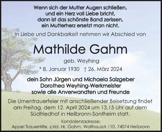 Traueranzeige von Mathilde Gahm von GESAMT