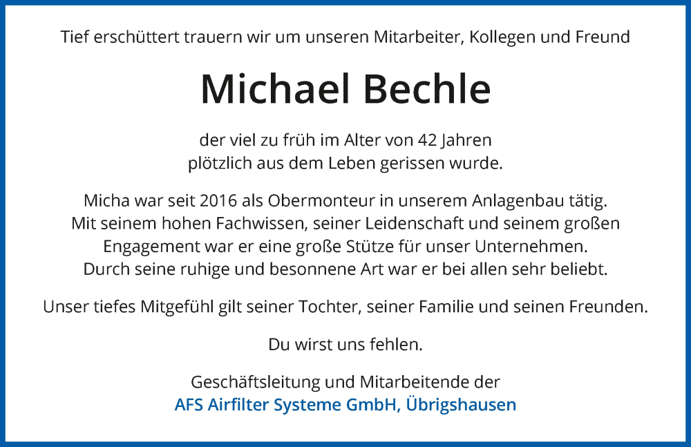 Traueranzeige für Michael Bechle vom 24.04.2024 aus GESAMT