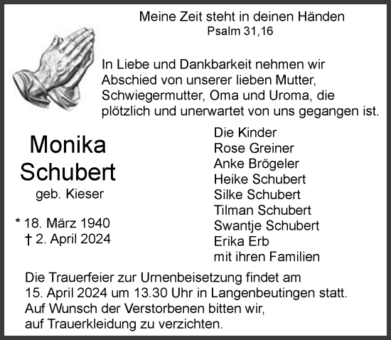 Traueranzeige von Monika Schubert von GESAMT