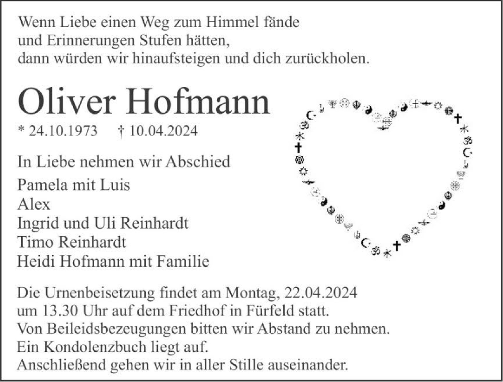  Traueranzeige für Oliver Hofmann vom 17.04.2024 aus GESAMT