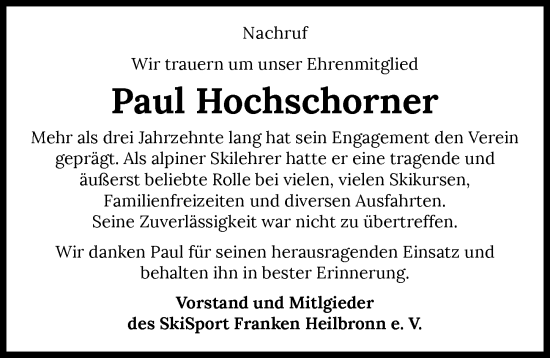 Traueranzeige von Paul Hochschorner von GESAMT