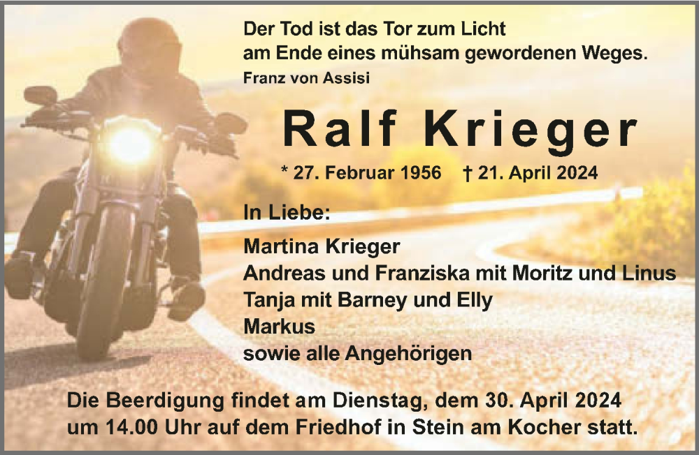  Traueranzeige für Ralf Krieger vom 27.04.2024 aus GESAMT