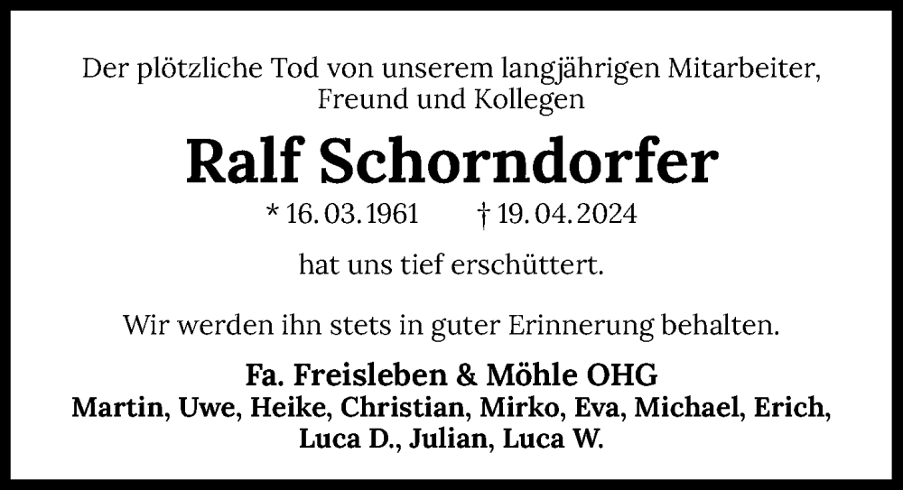  Traueranzeige für Ralf Schorndorfer vom 24.04.2024 aus GESAMT