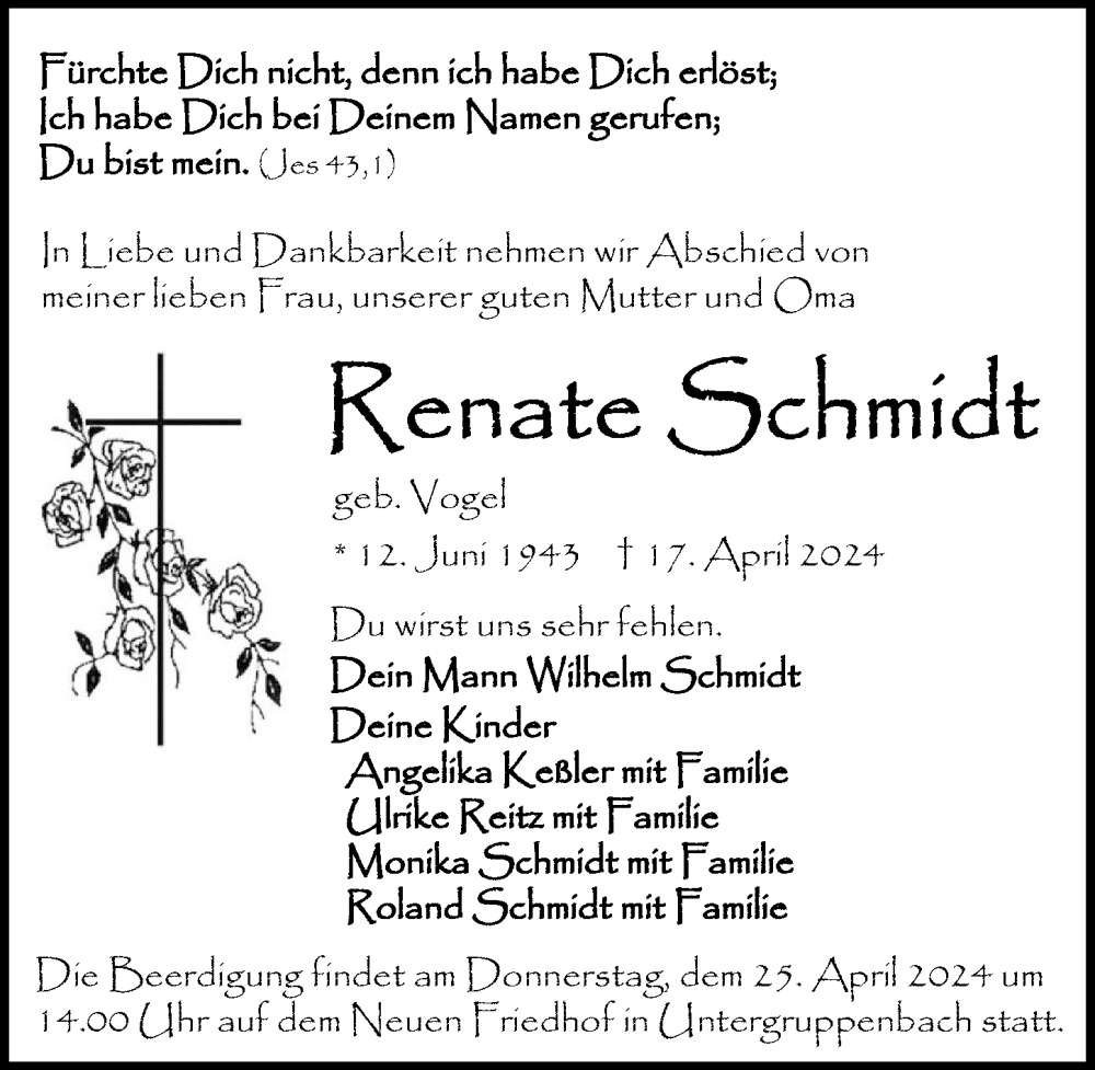  Traueranzeige für Renate Schmidt vom 20.04.2024 aus GESAMT
