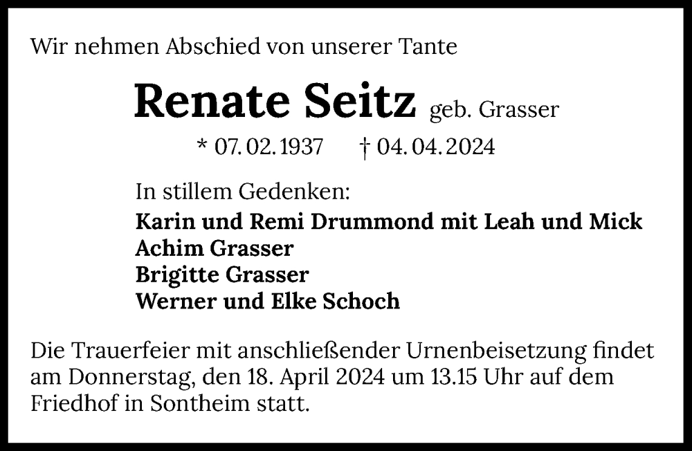  Traueranzeige für Renate Seitz vom 13.04.2024 aus GESAMT