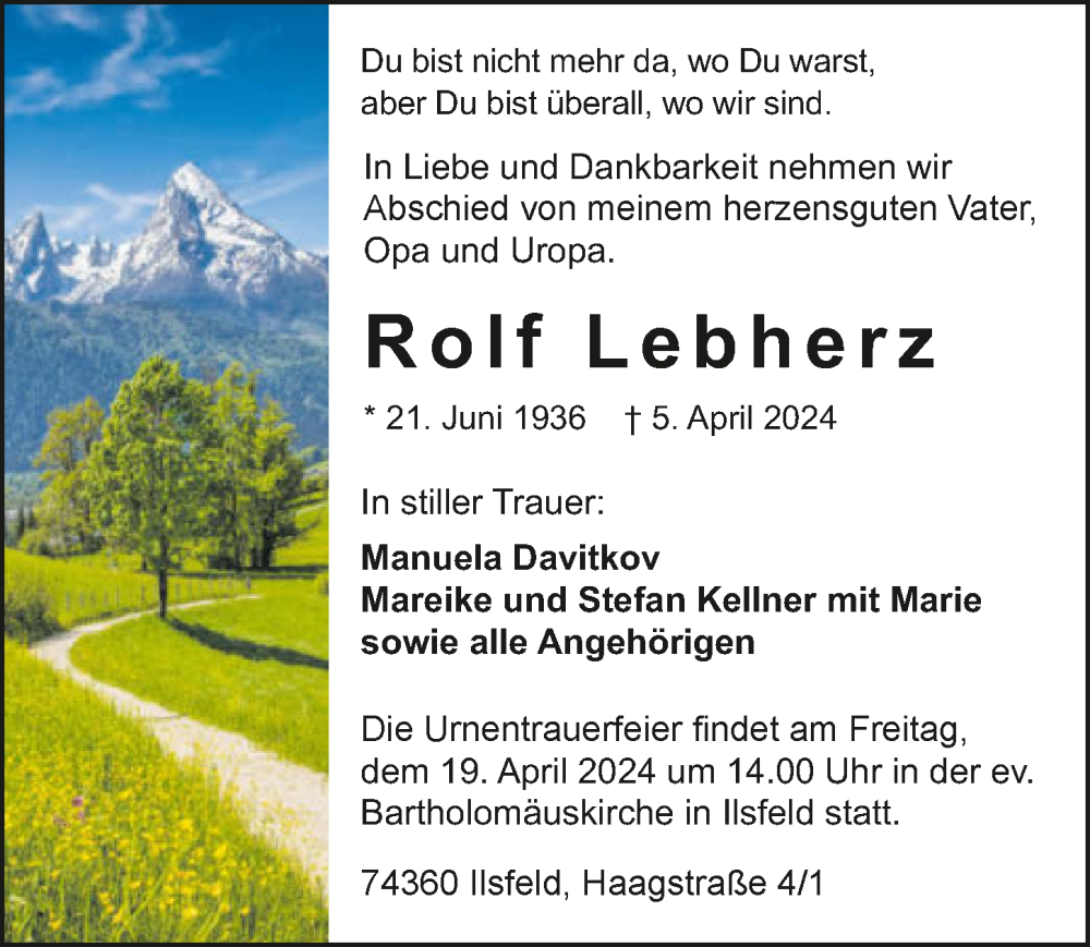  Traueranzeige für Rolf Lebherz vom 13.04.2024 aus GESAMT