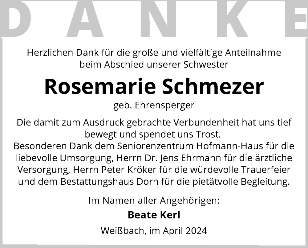  Traueranzeige für Rosemarie Schmezer vom 20.04.2024 aus GESAMT