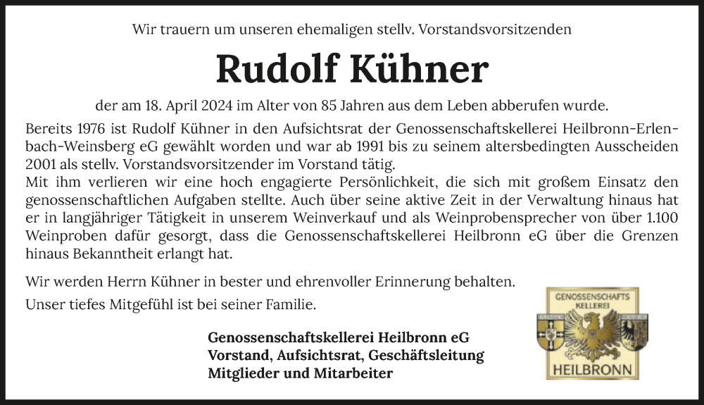 Traueranzeige für Rudolf Kühner vom 27.04.2024 aus GESAMT