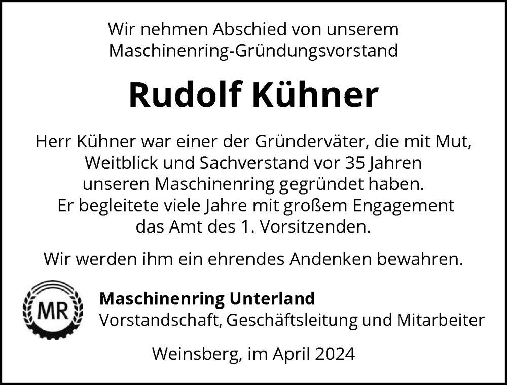  Traueranzeige für Rudolf Kühner vom 27.04.2024 aus GESAMT