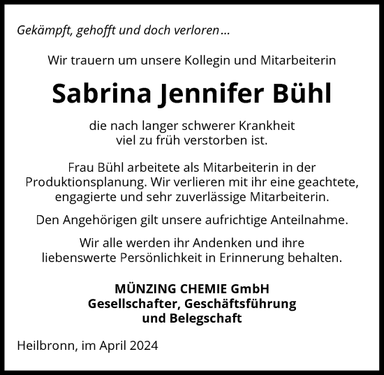 Traueranzeige von Sabrina  Bühl von GESAMT