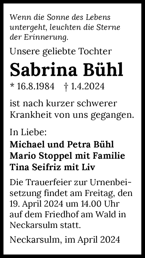  Traueranzeige für Sabrina Bühl vom 13.04.2024 aus GESAMT