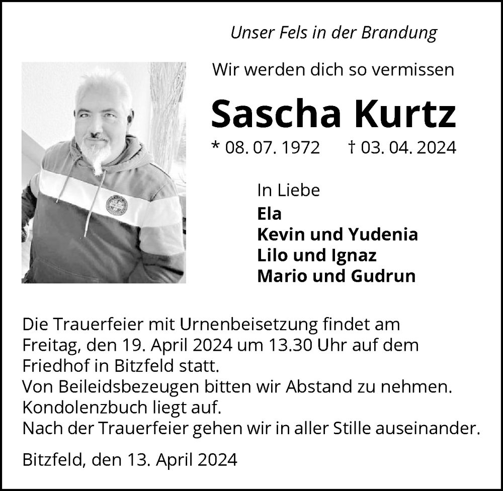  Traueranzeige für Sascha Kurtz vom 13.04.2024 aus GESAMT