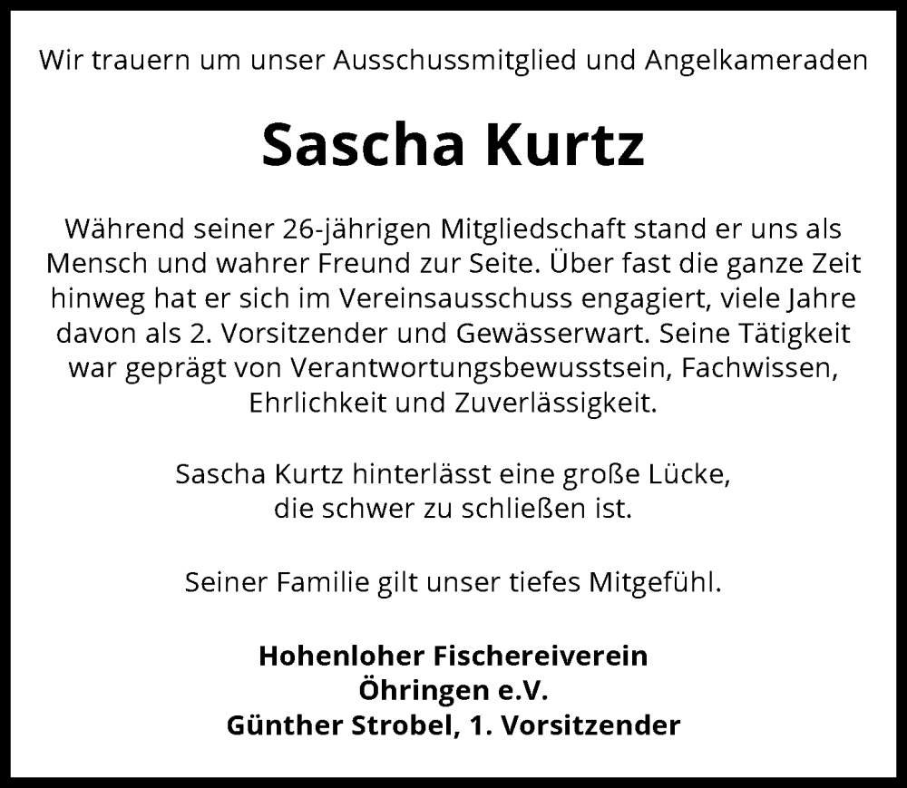  Traueranzeige für Sascha Kurtz vom 13.04.2024 aus GESAMT