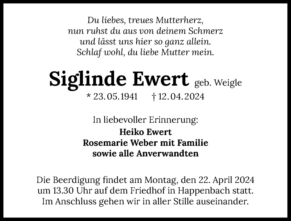  Traueranzeige für Siglinde Ewert vom 17.04.2024 aus GESAMT