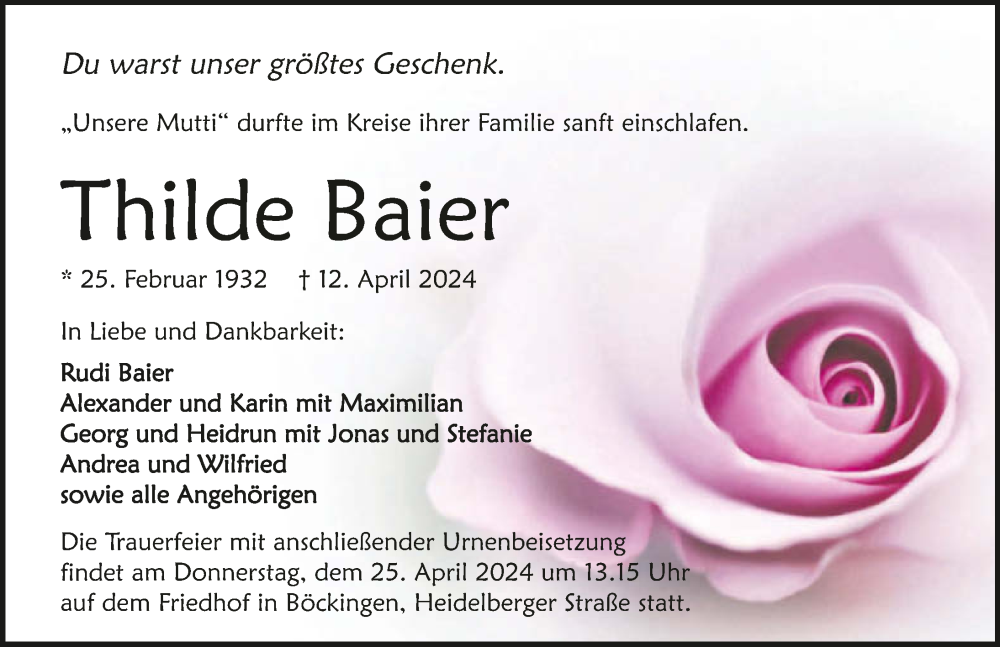 Traueranzeige für Thilde Baier vom 20.04.2024 aus GESAMT
